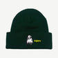 Chrome Hearts Matty Boy forest green knit beanie with white ghost figure embroidery and yellow gothic spec text