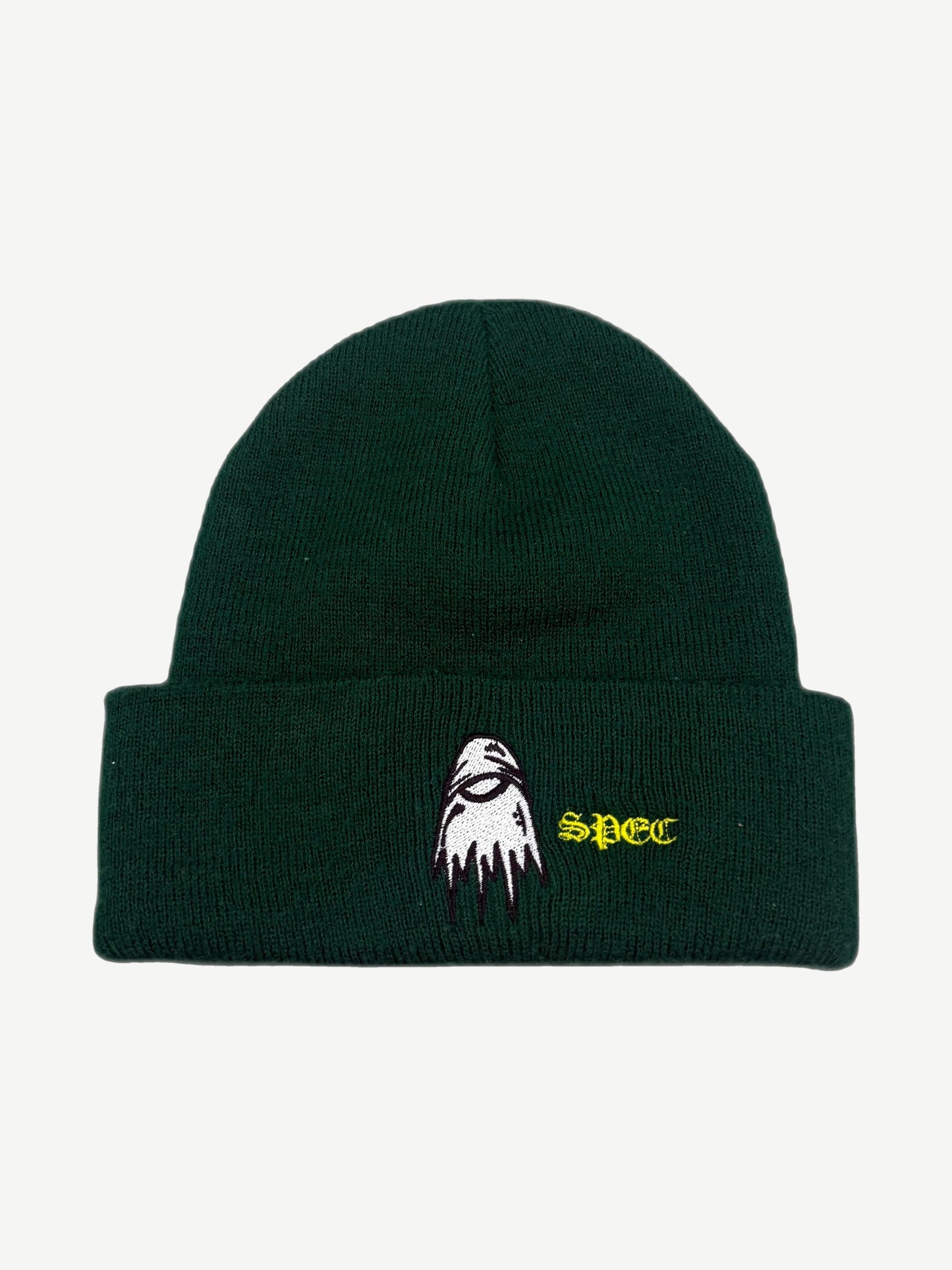 Chrome Hearts Matty Boy forest green knit beanie with white ghost figure embroidery and yellow gothic spec text