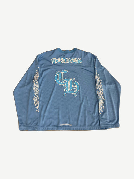 Chrome Hearts light blue mesh jersey back view with large CH monogram and Hearts gothic embroidery