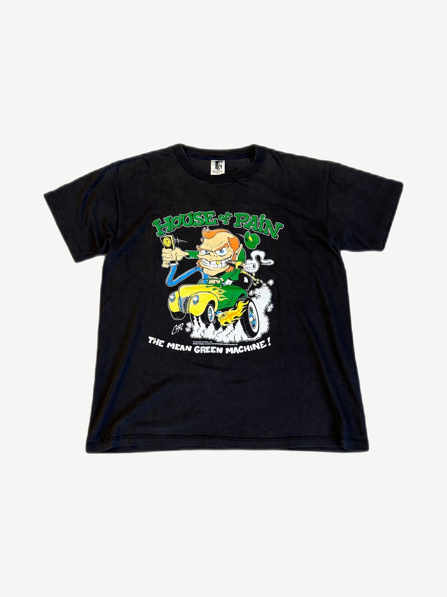 Vintage House of Pain Mean Green Machine tee with cartoon leprechaun driving yellow hot rod