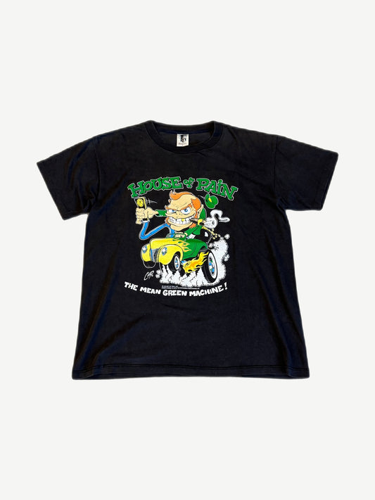 Vintage House of Pain Mean Green Machine tee with cartoon leprechaun driving yellow hot rod