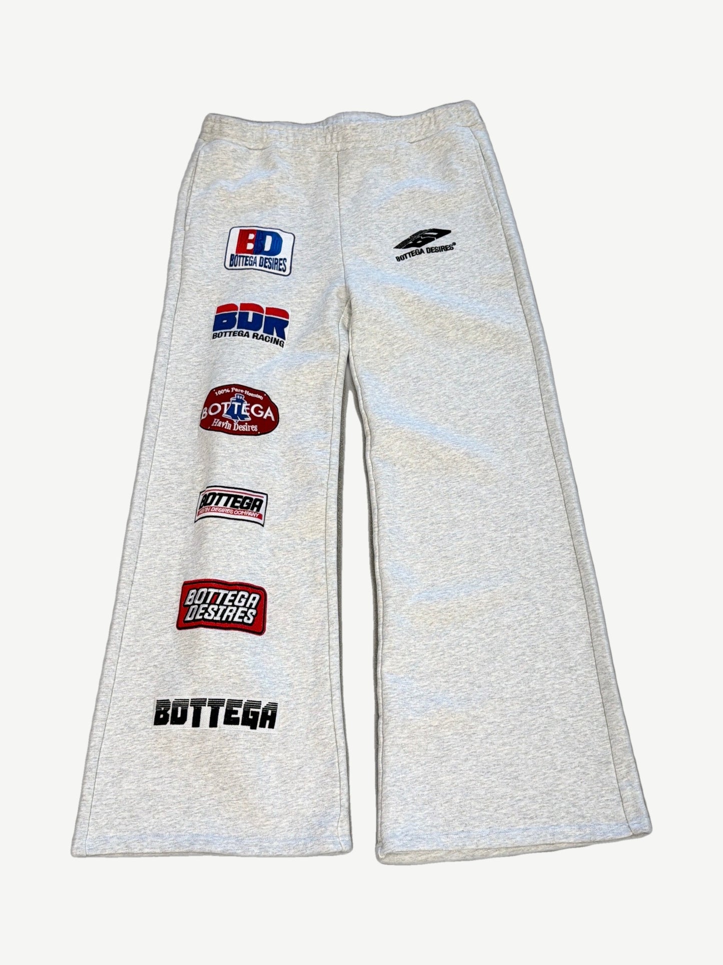 Bottega Desires heather gray flared sweatpants front view with stacked BD, BDR Bottega Racing patches down left leg.