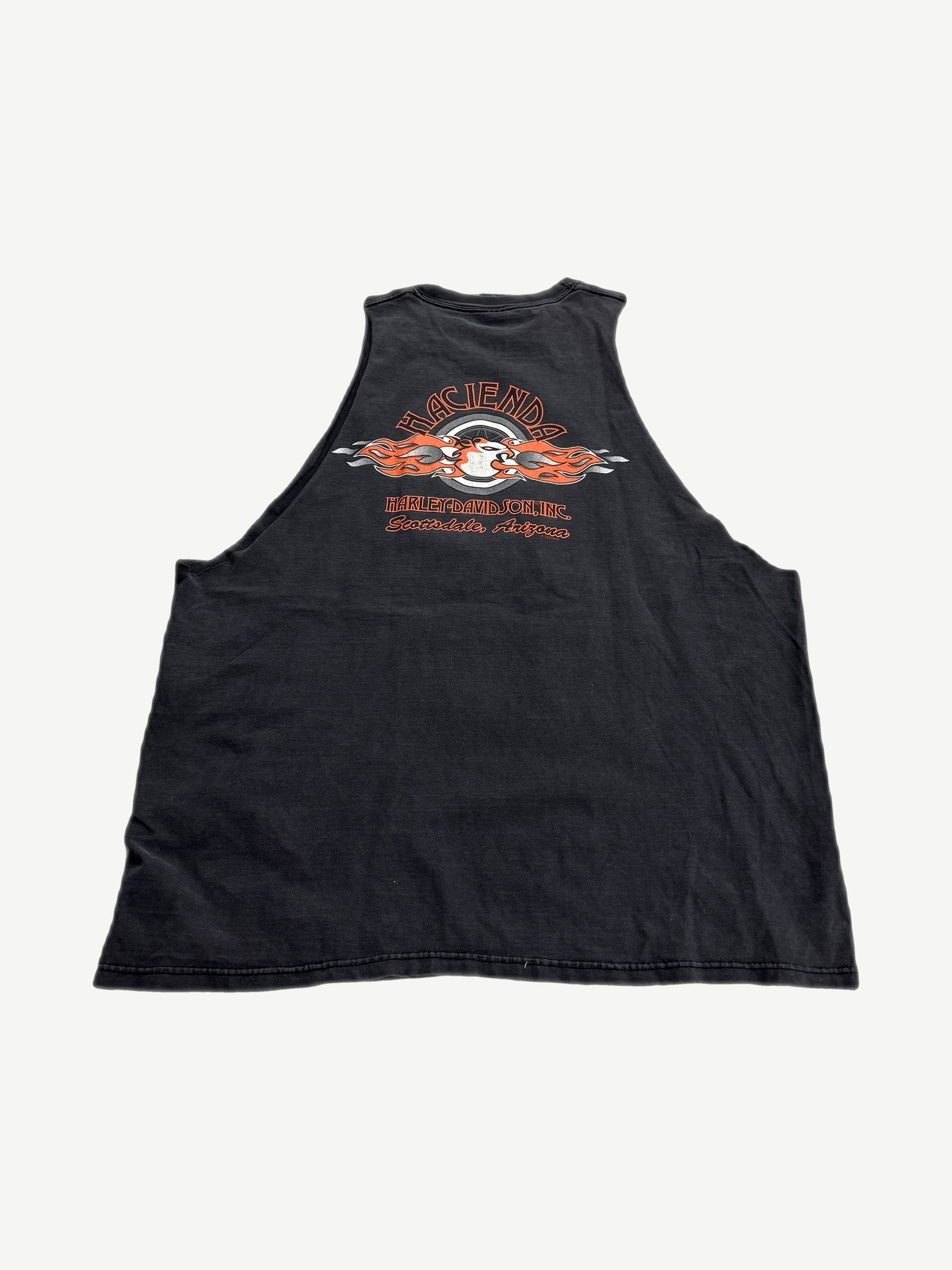 Vintage Harley Davidson cutoff tee back with Hacienda Scottsdale Arizona flame graphic on black cotton