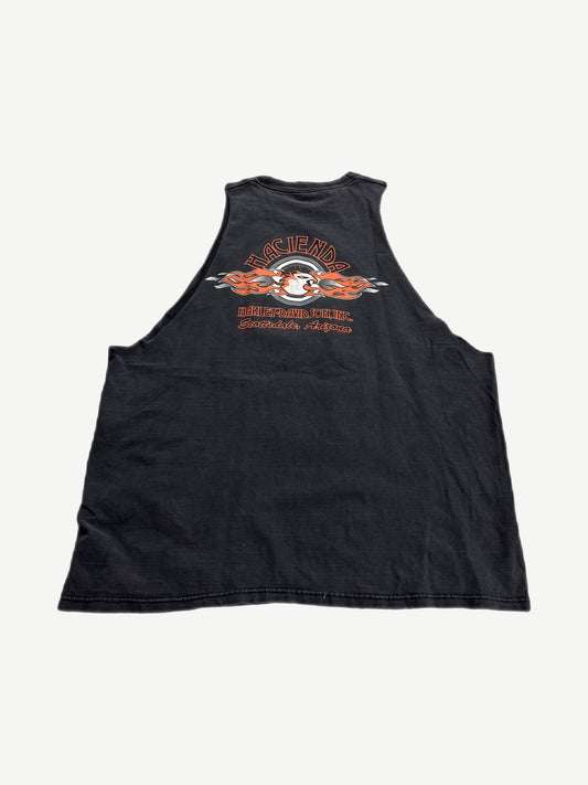 Vintage Harley Davidson cutoff tee back with Hacienda Scottsdale Arizona flame graphic on black cotton