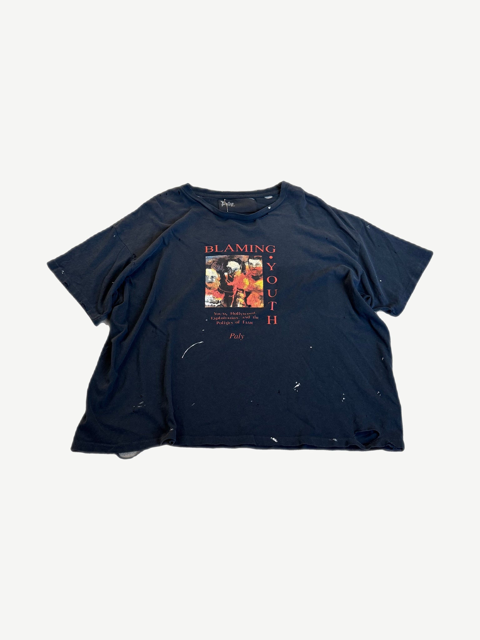 Paly Hollywood distressed Blaming Youth tee with washed faded white print on natural cream cotton.