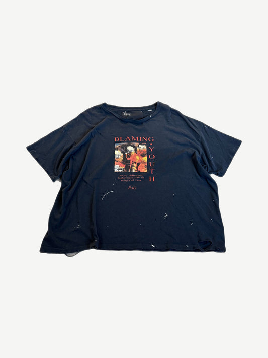 Paly Hollywood distressed Blaming Youth tee with washed faded white print on natural cream cotton.