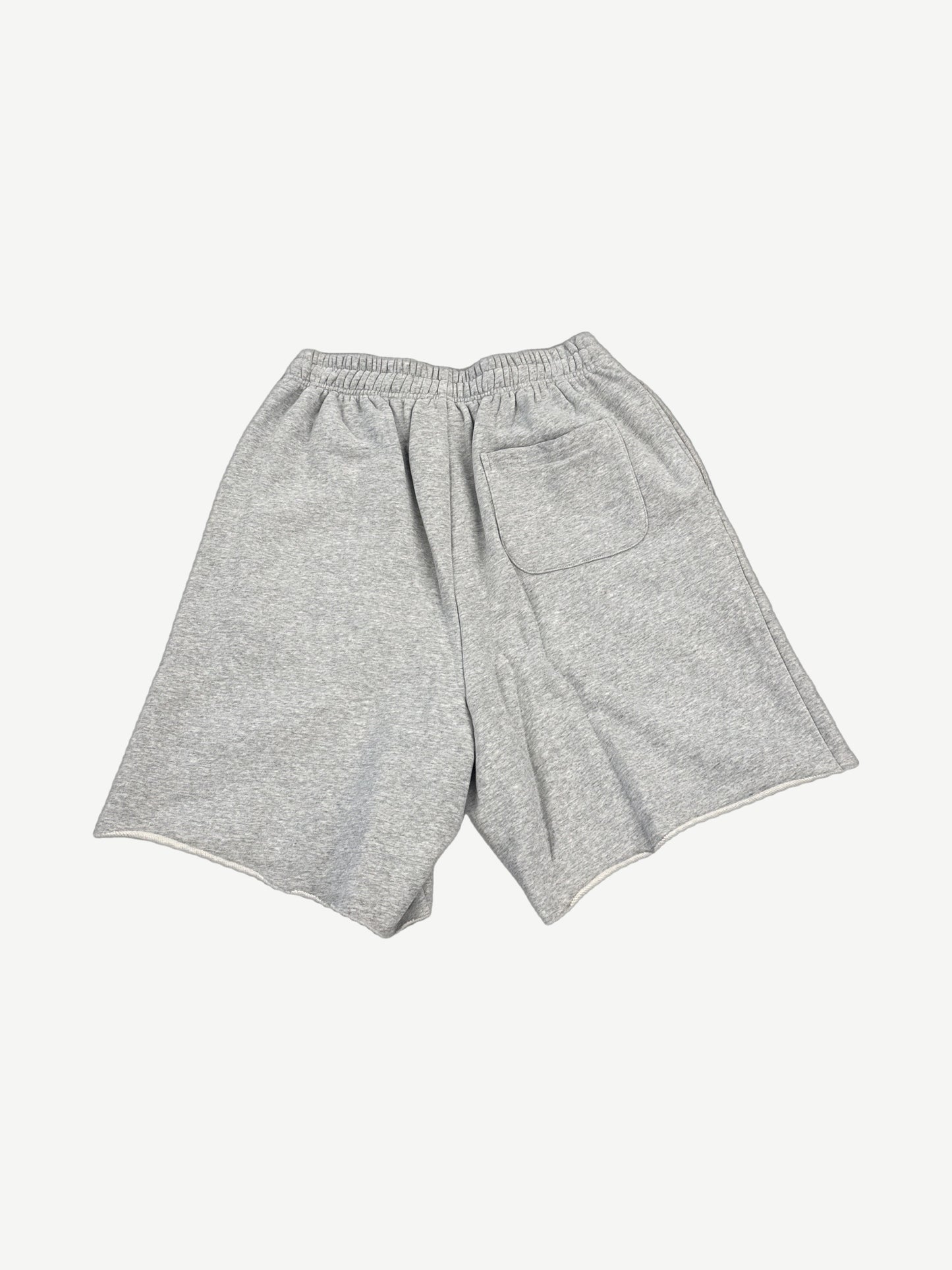 HMDD gray Chimstone sweat shorts back view with plain knit and single rear patch pocket
