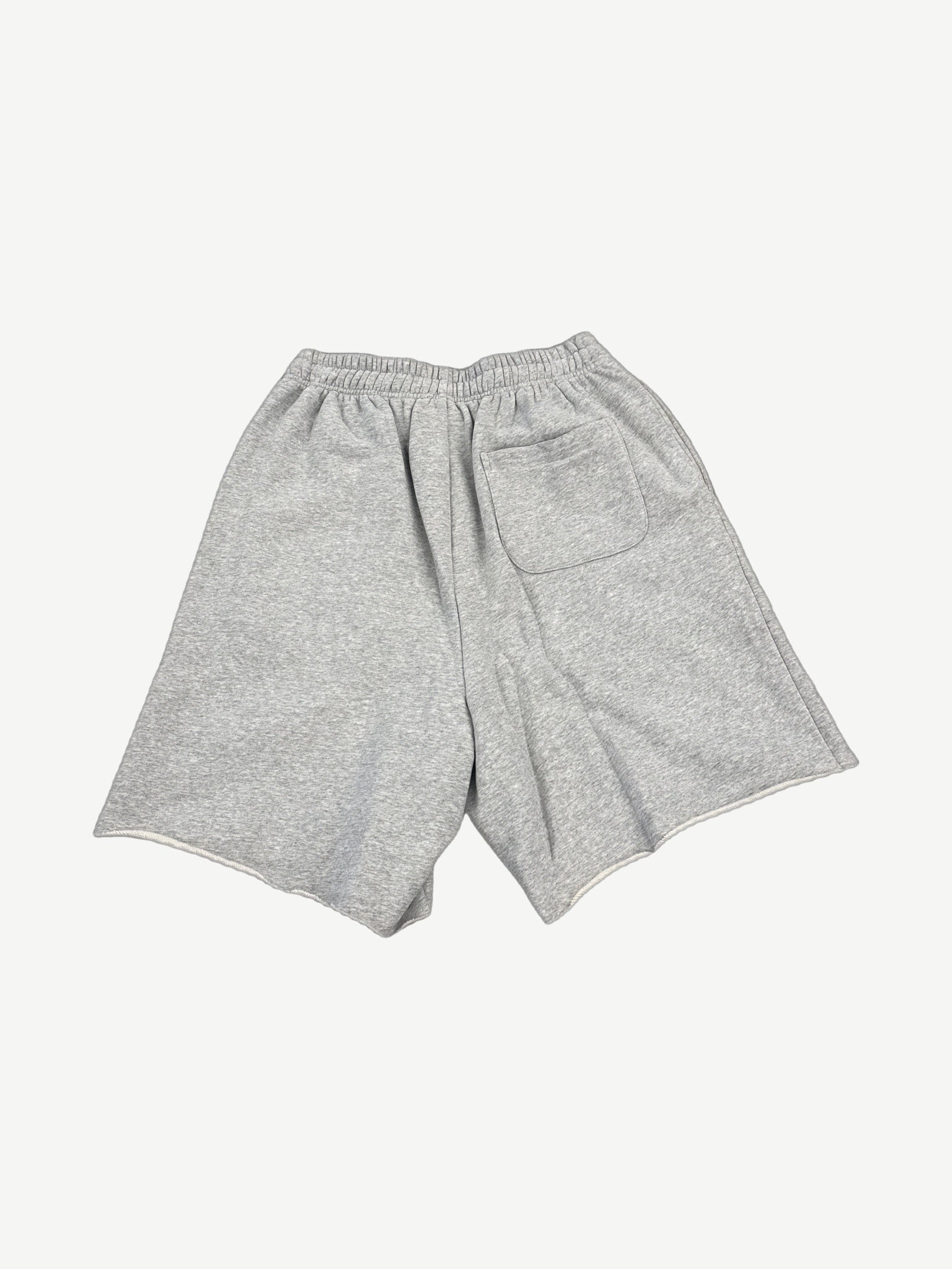 HMDD gray Chimstone sweat shorts back view with plain knit and single rear patch pocket