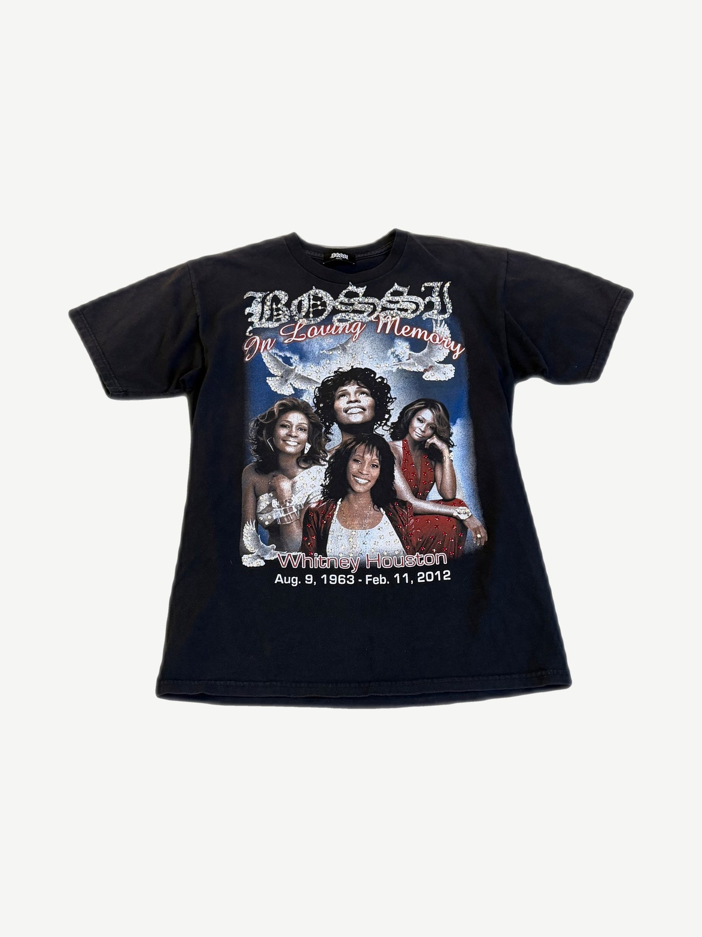 Bossi vintage Whitney Houston memorial black tee front with studded portrait collage and In Loving Memory text