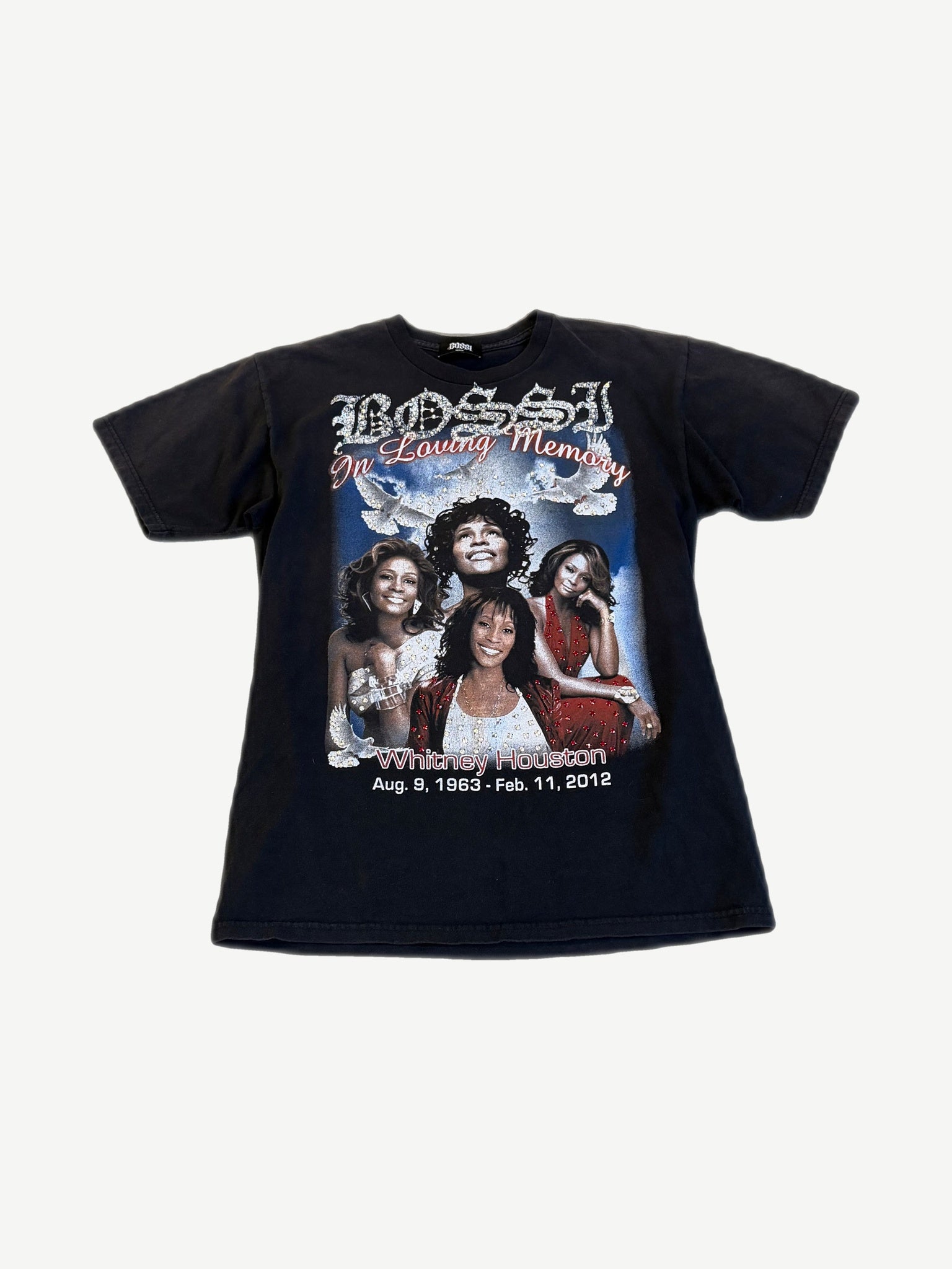 Bossi vintage Whitney Houston memorial black tee front with studded portrait collage and In Loving Memory text