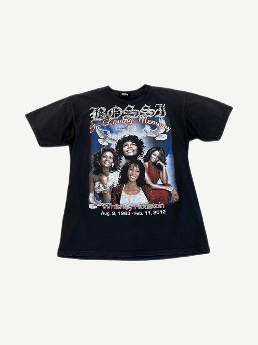 Bossi vintage Whitney Houston memorial black tee front with studded portrait collage and In Loving Memory text