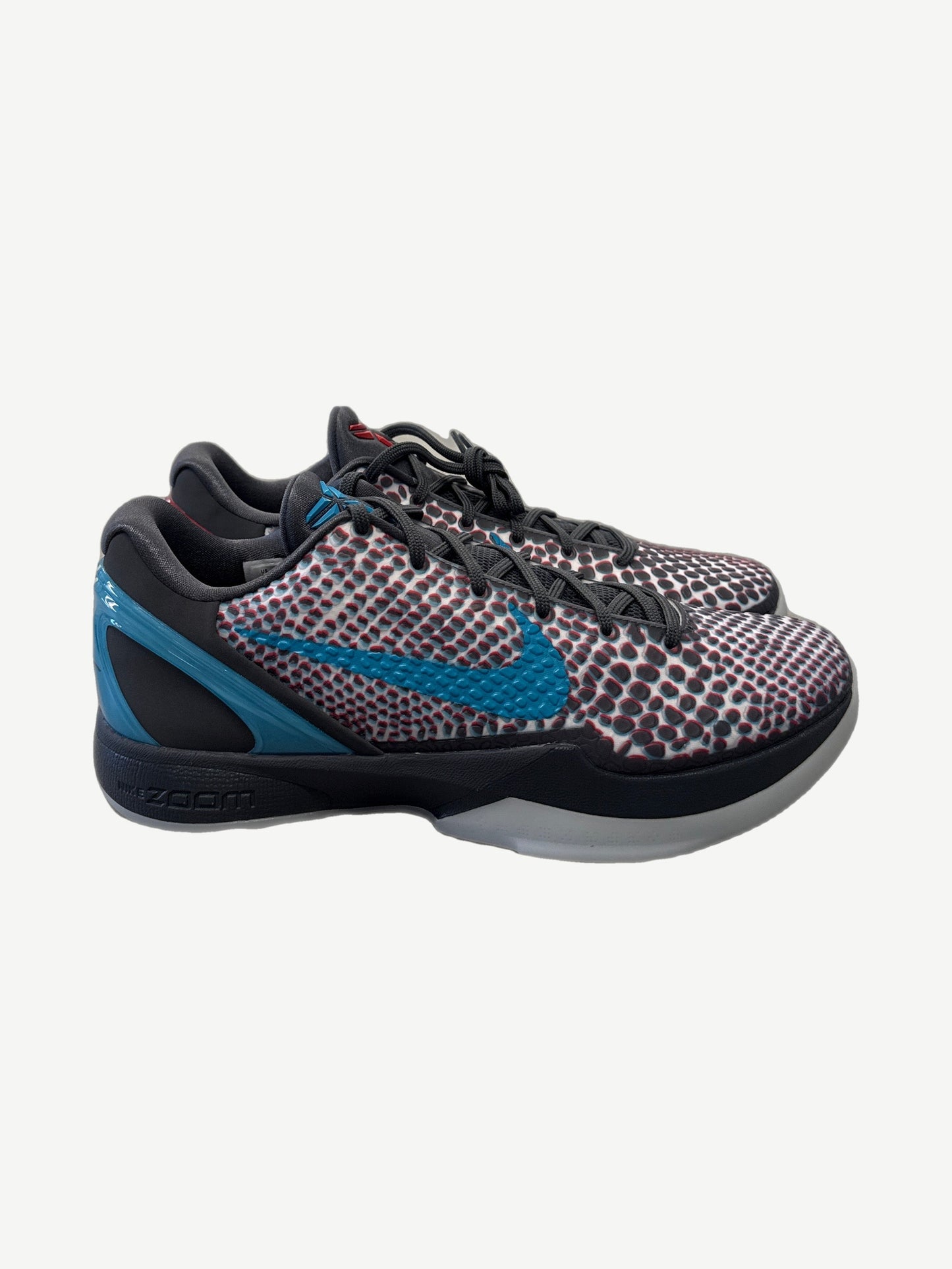 Nike Kobe 6 Protro ASG Hollywood 3D sneaker side view, snakeskin upper in red and gray with teal swoosh, icy outsole.