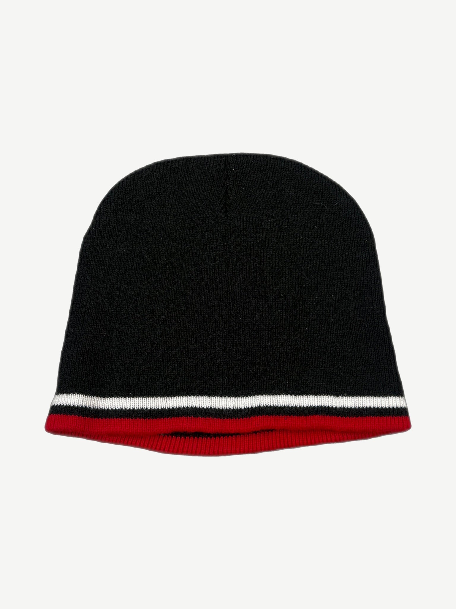 Vintage West Coast Choppers black knit beanie back view with red white and black striped ribbed cuff