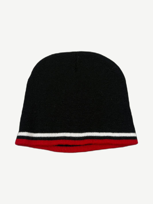 Vintage West Coast Choppers black knit beanie back view with red white and black striped ribbed cuff