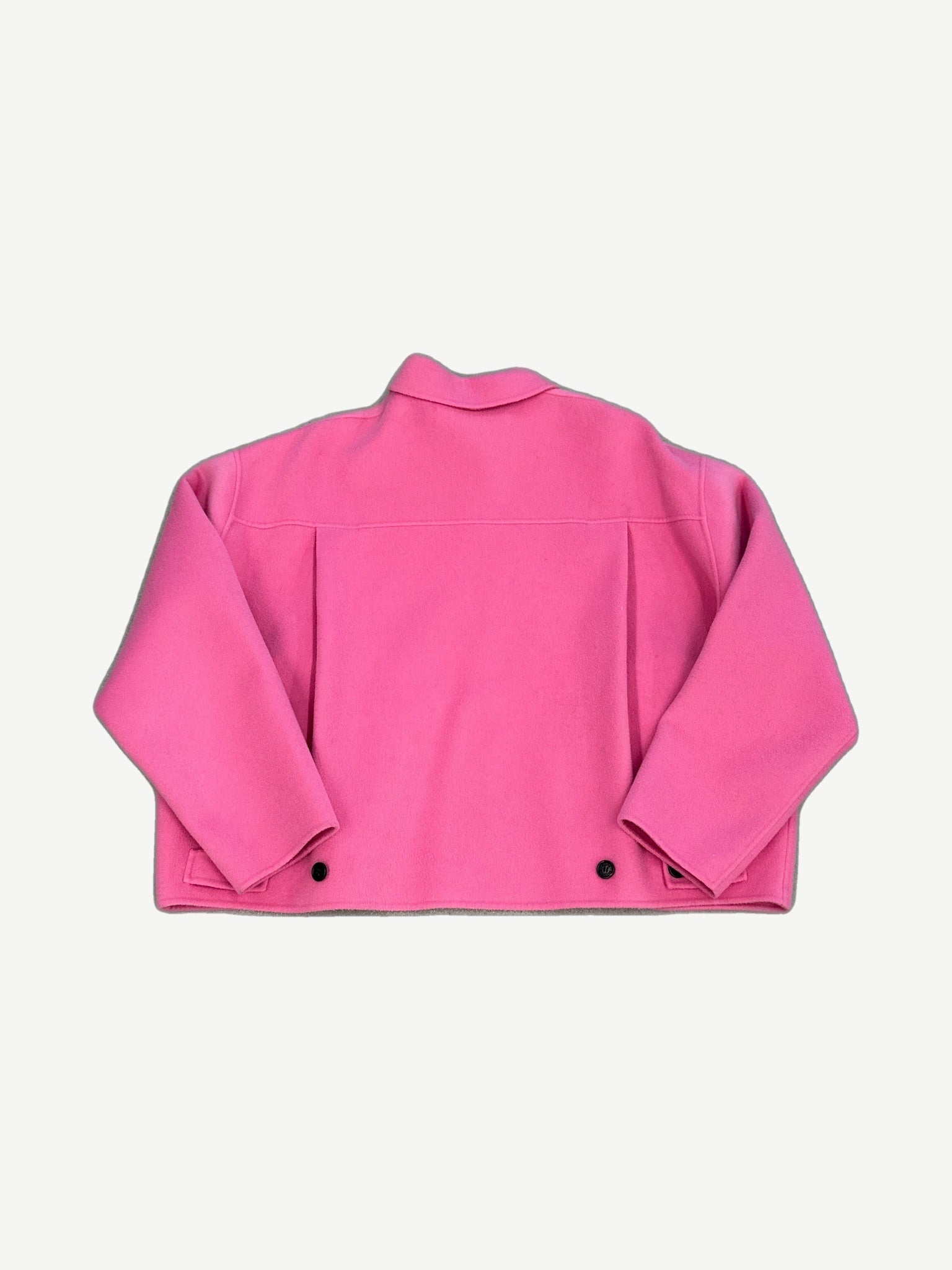 Acne Studios Doverio pink wool jacket back view with center pleat, side adjuster tabs and black snap buttons