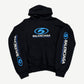 Balenciaga black hoodie front with blue Quiksilver-style surfer swirl logo and Authentic Sports Apparel text