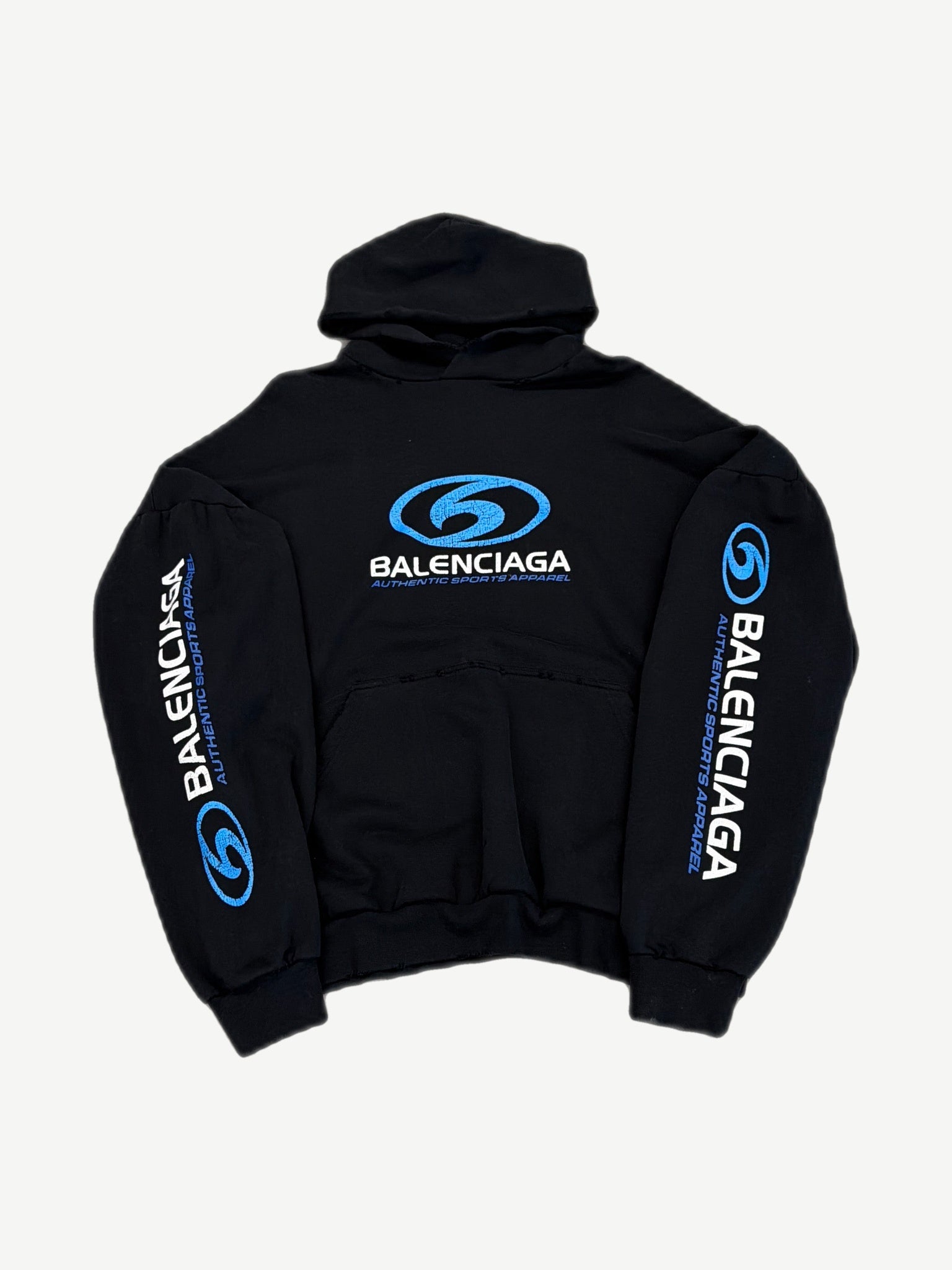 Balenciaga black hoodie front with blue Quiksilver-style surfer swirl logo and Authentic Sports Apparel text