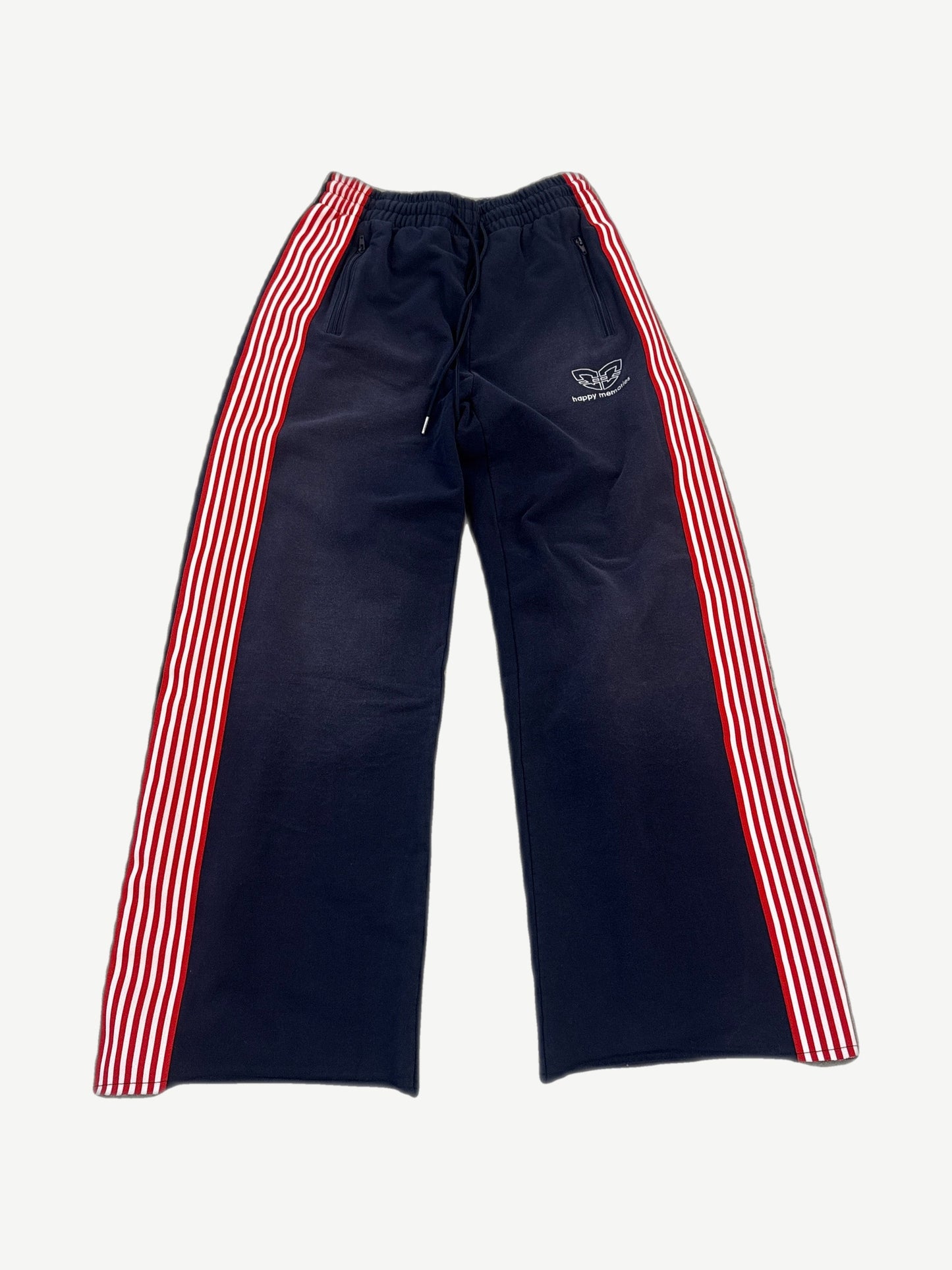 HMDD navy trackpants with red and white striped side panels, drawstring waist and embroidered Monster logo