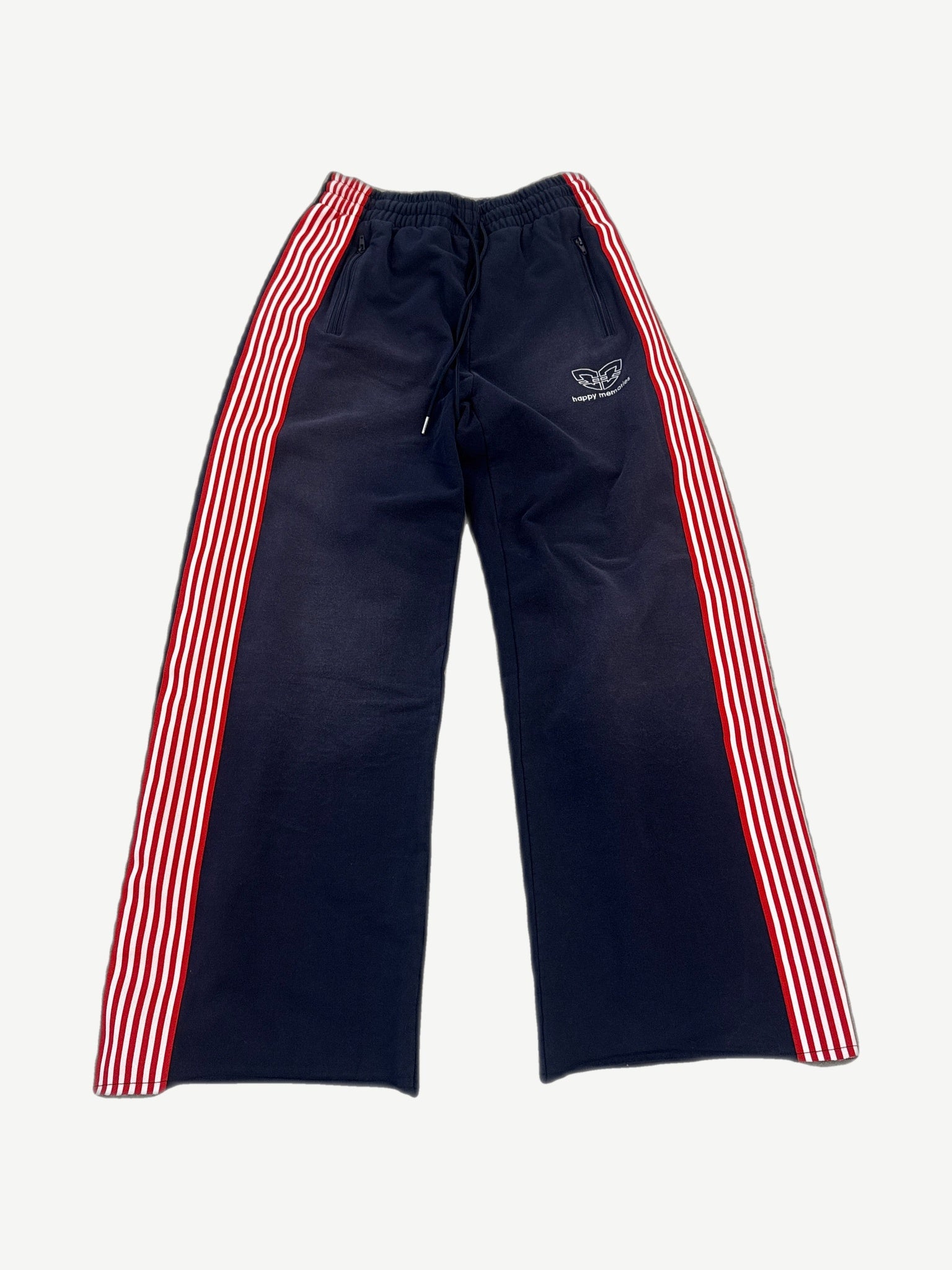 HMDD navy trackpants with red and white striped side panels, drawstring waist and embroidered Monster logo