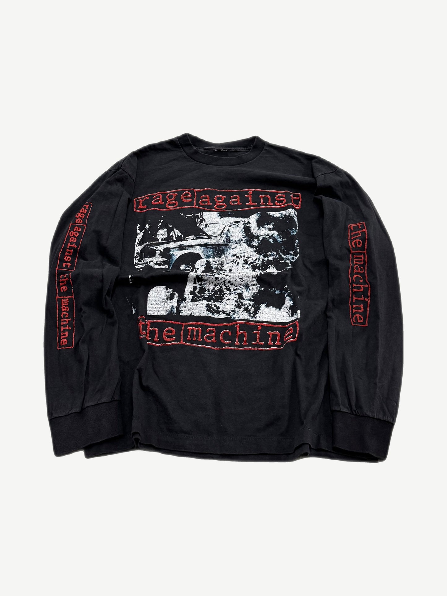 Vintage Rage Against the Machine black longsleeve with album car graphic and red logo boxes on sleeves.