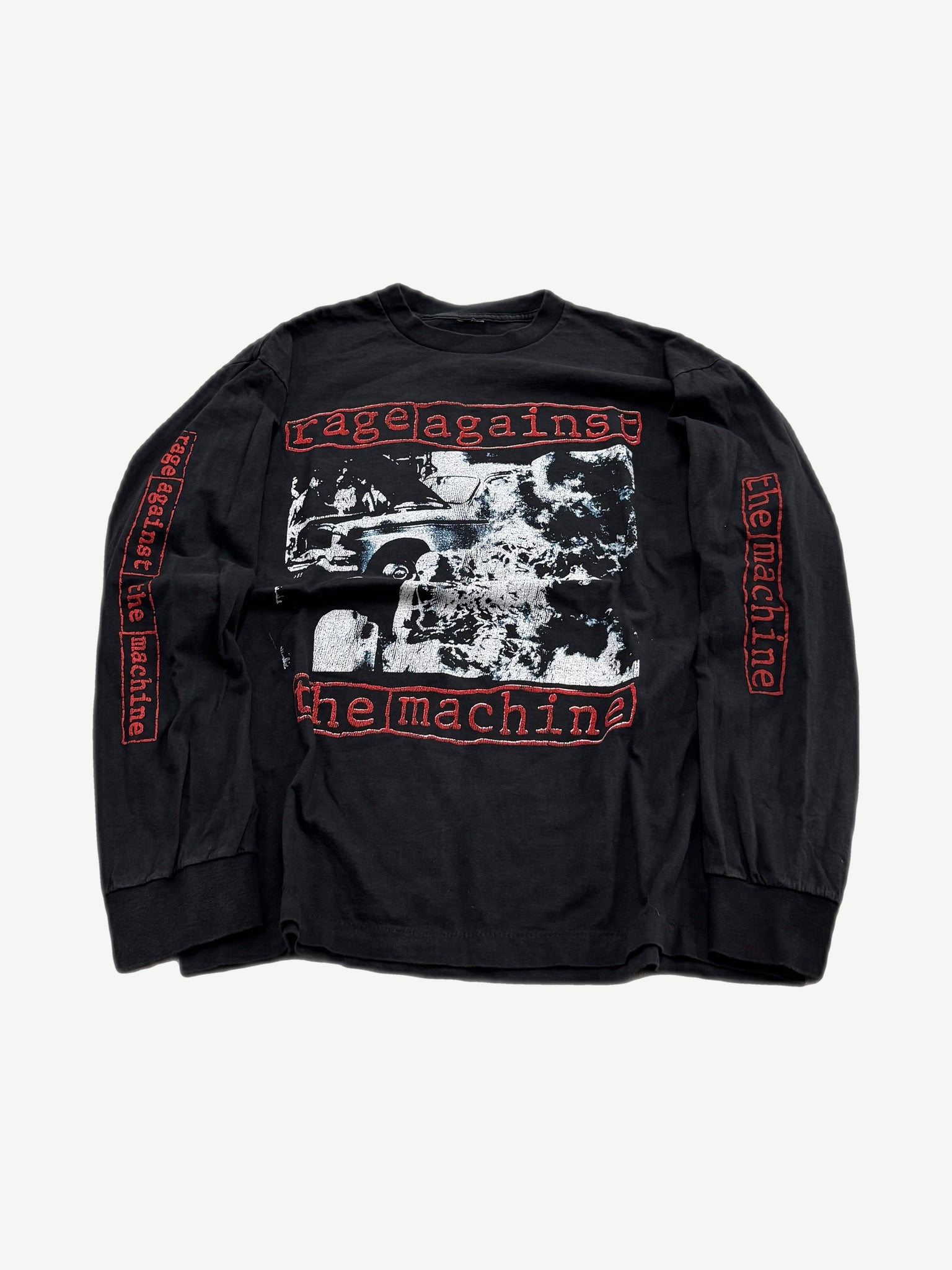 Vintage Rage Against the Machine black longsleeve with album car graphic and red logo boxes on sleeves.