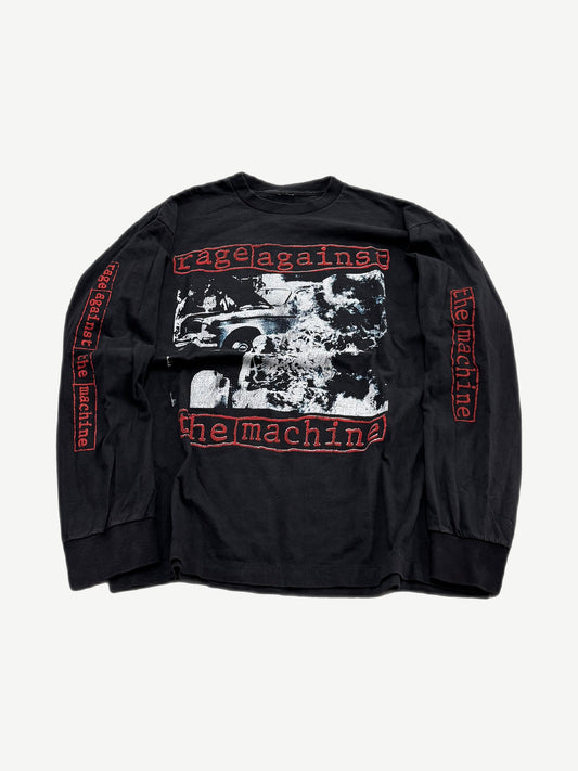 Vintage Rage Against the Machine black longsleeve with album car graphic and red logo boxes on sleeves.