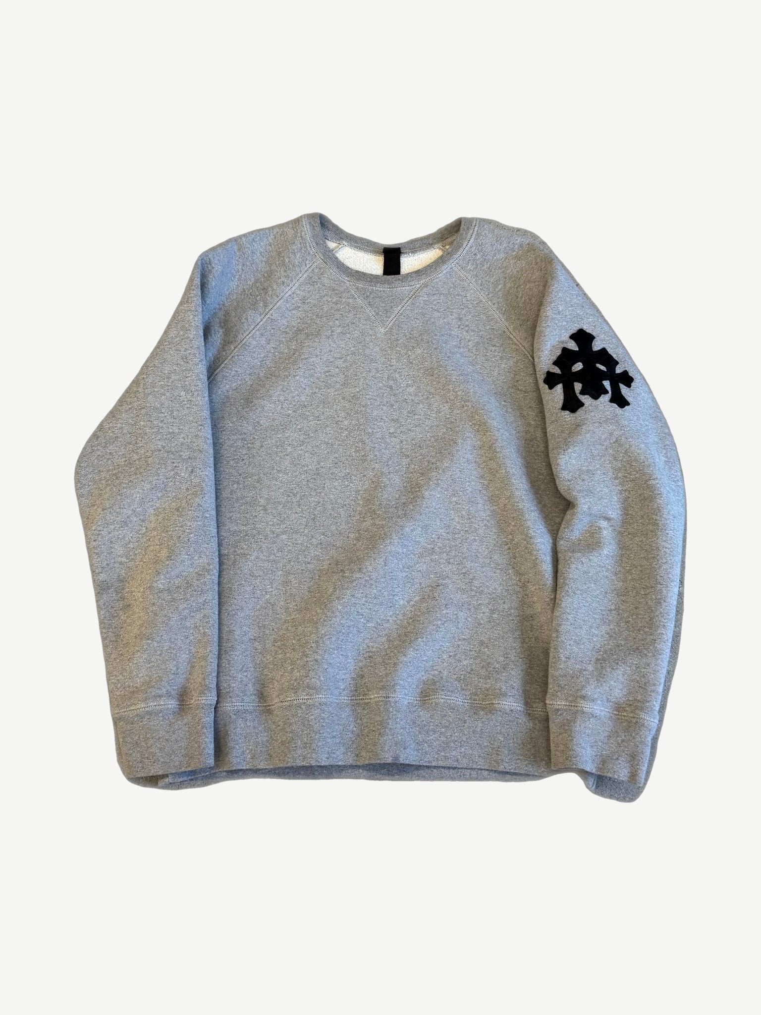 Chrome Hearts gray Paper Jam crewneck sweatshirt with triple cross graphic across front chest