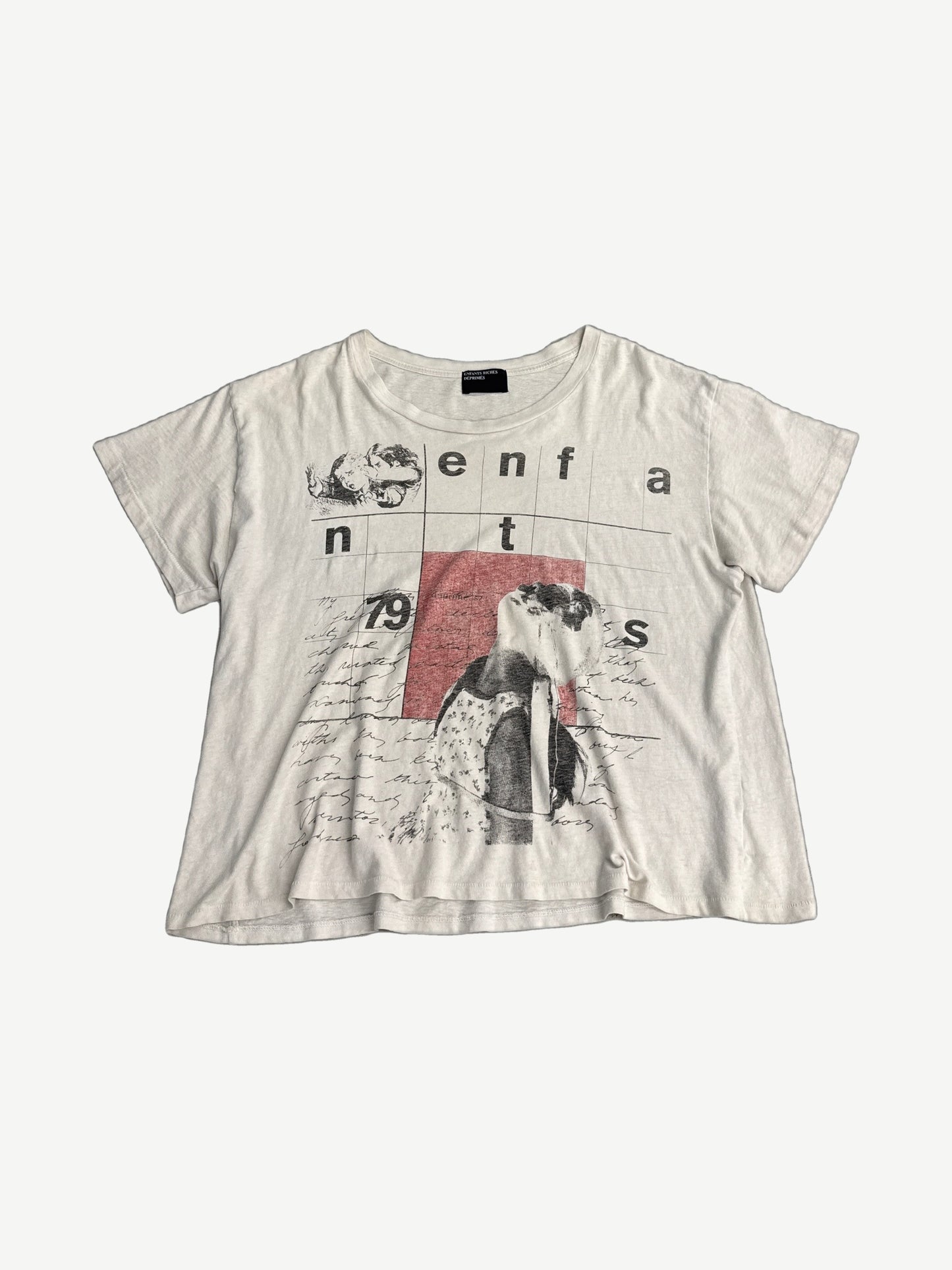 Enfants Riches Deprimes cream tee with cut-letter enfants grid, penguin photo collage and 79 numerals.