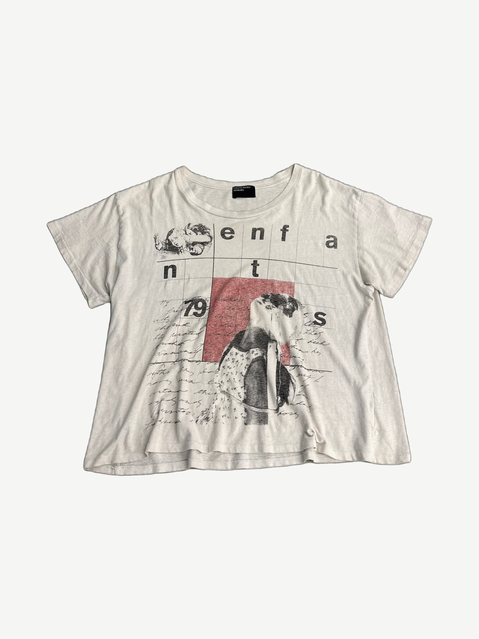 Enfants Riches Deprimes cream tee with cut-letter enfants grid, penguin photo collage and 79 numerals.