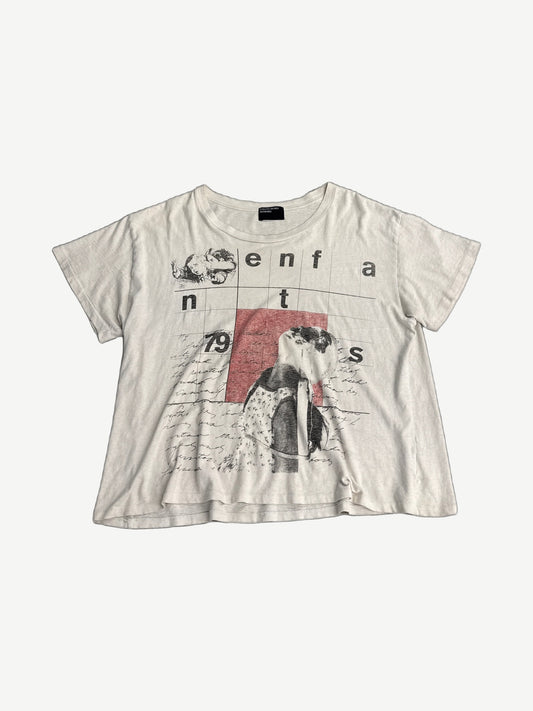 Enfants Riches Deprimes cream tee with cut-letter enfants grid, penguin photo collage and 79 numerals.