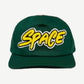 Chrome Hearts Matty Boy green Space leather patch hat front, yellow puffy script patch detail