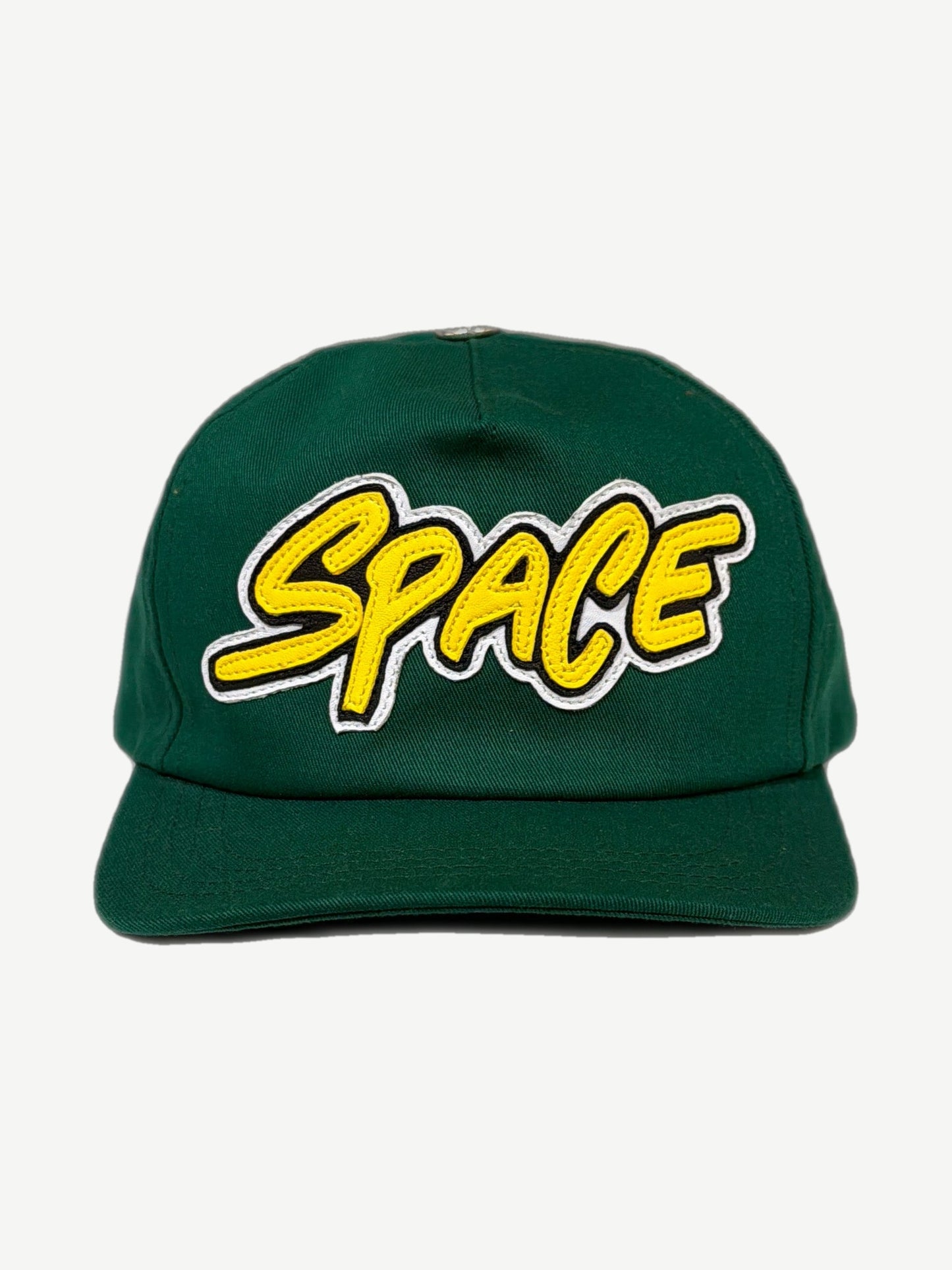 Chrome Hearts Matty Boy green Space leather patch hat front, yellow puffy script patch detail