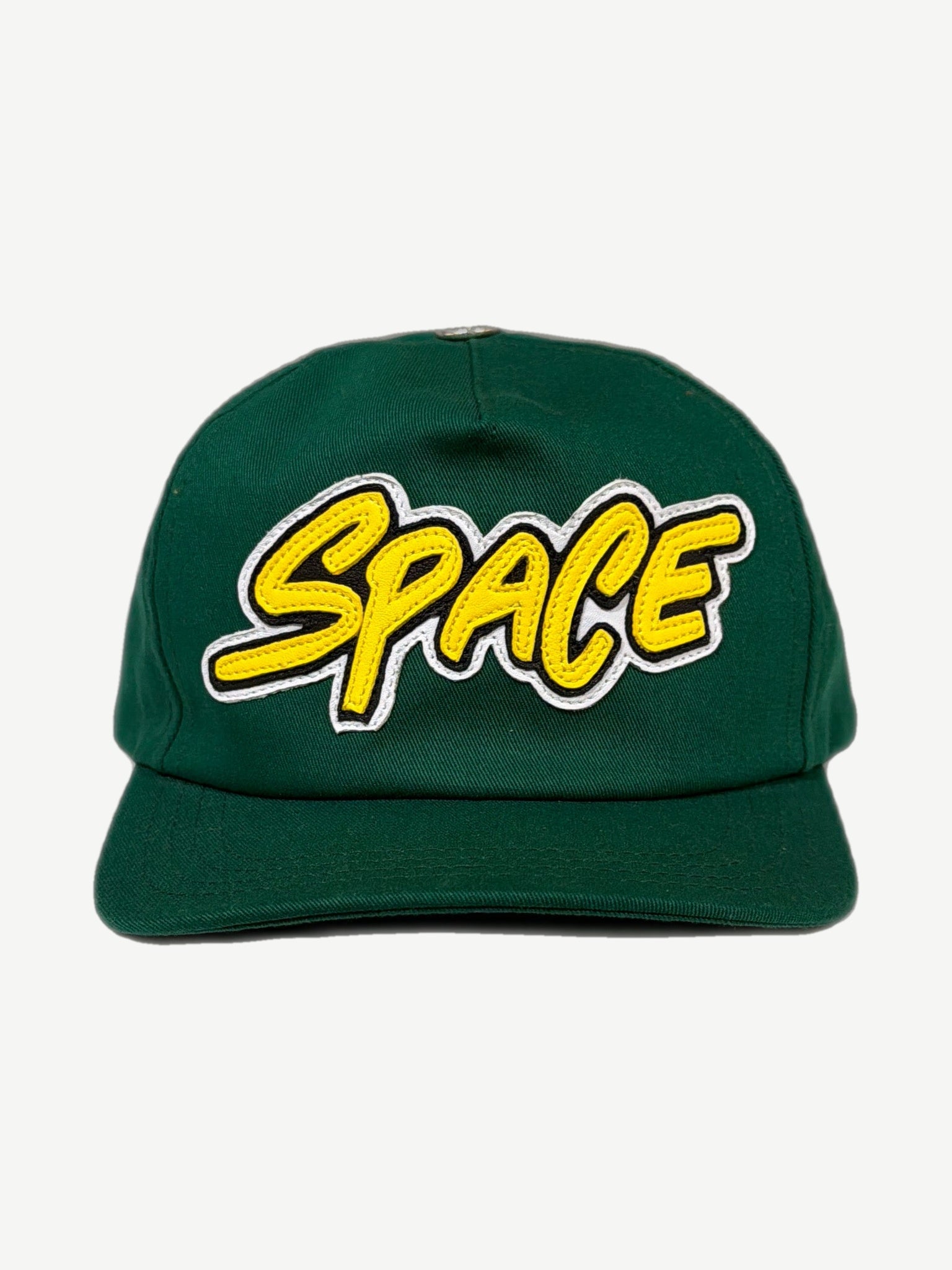 Chrome Hearts Matty Boy green Space leather patch hat front, yellow puffy script patch detail
