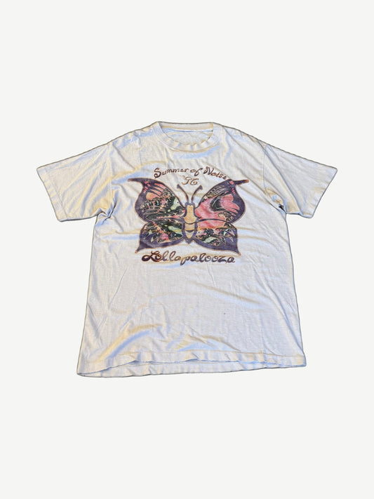 Vintage Lollapalooza Summer of Noise '96 pale lavender concert tee front with pink and purple butterfly graphic