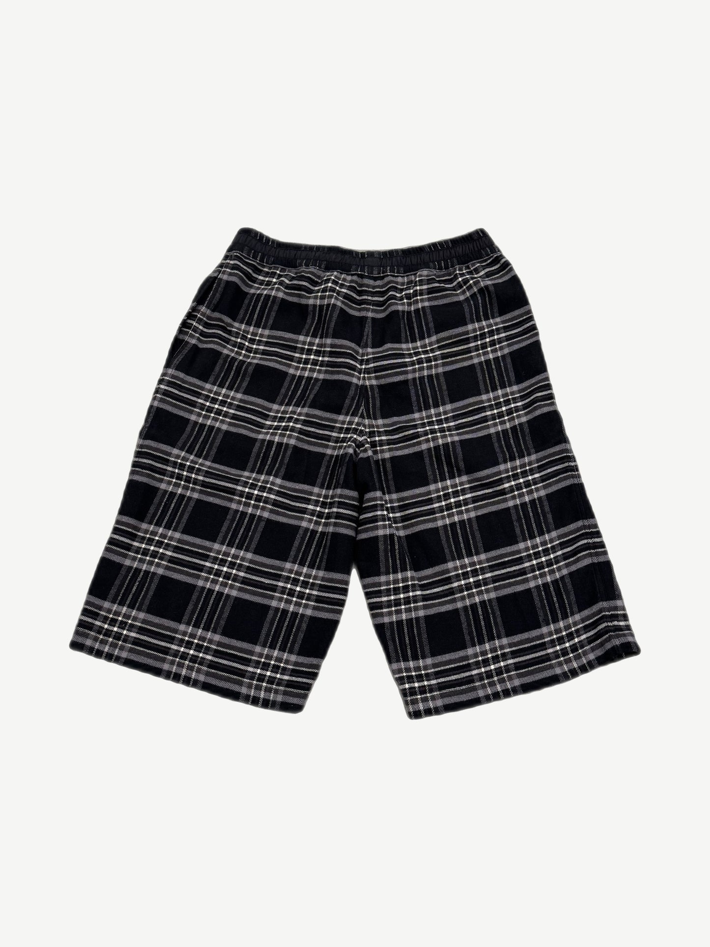 Chrome Hearts After School flannel shorts back view, plaid weave with stitched leather trim accents