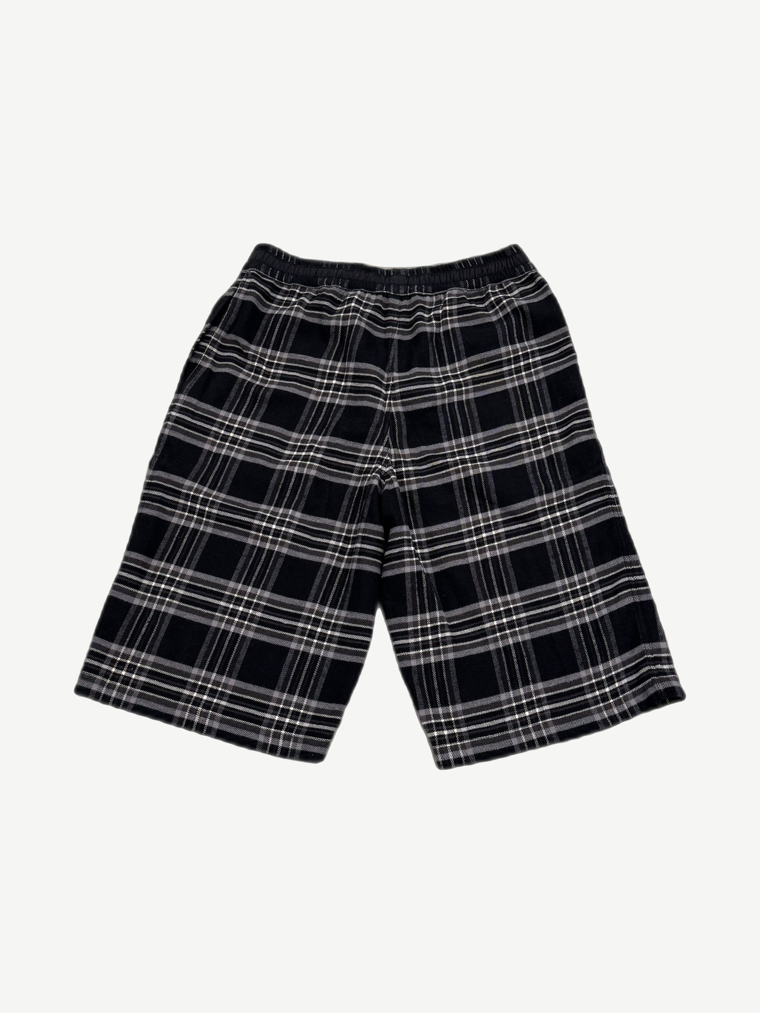 Chrome Hearts After School flannel shorts back view, plaid weave with stitched leather trim accents
