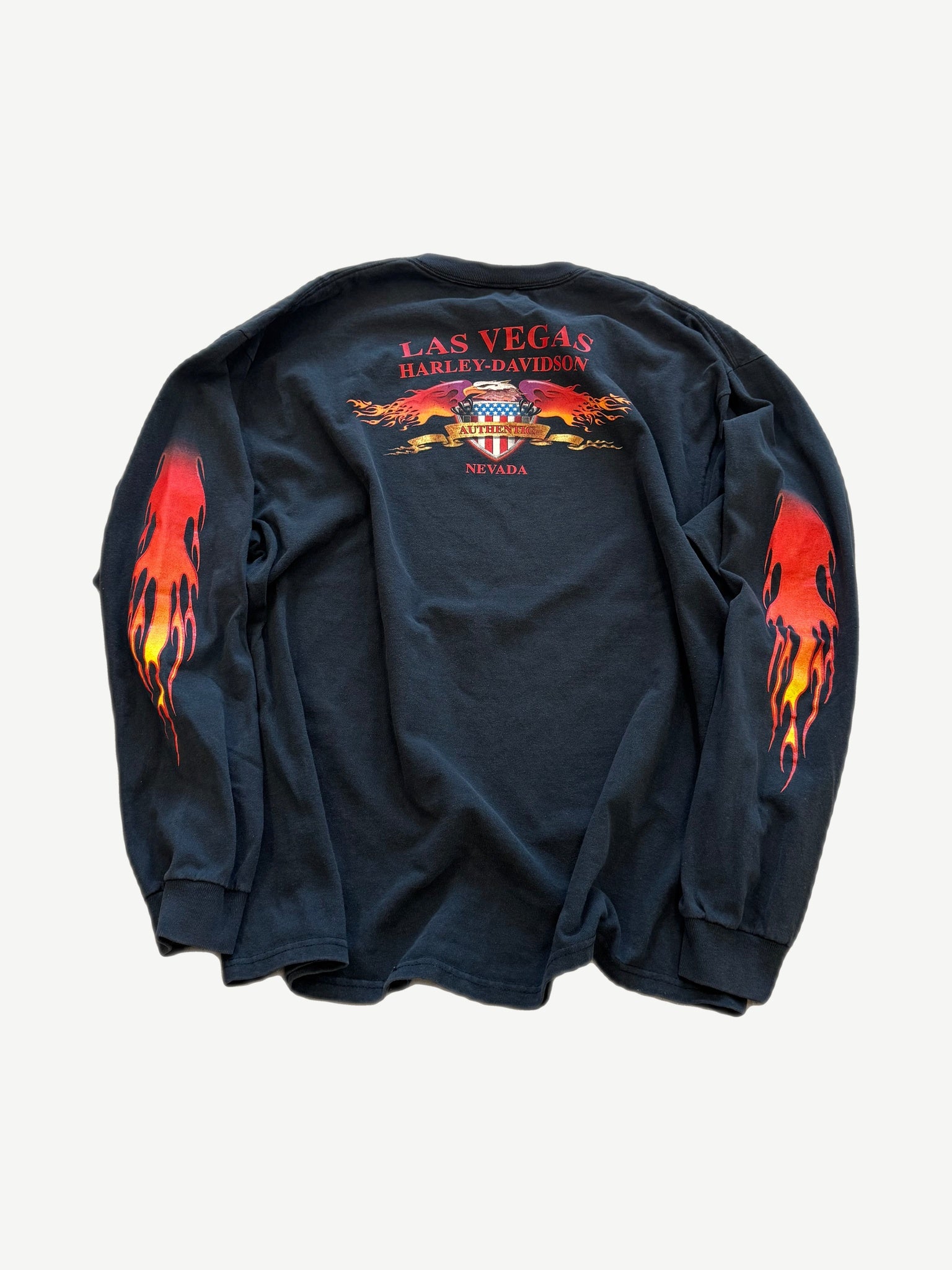 Harley Davidson Las Vegas Nevada longsleeve back with eagle crest and red and orange sleeve flames