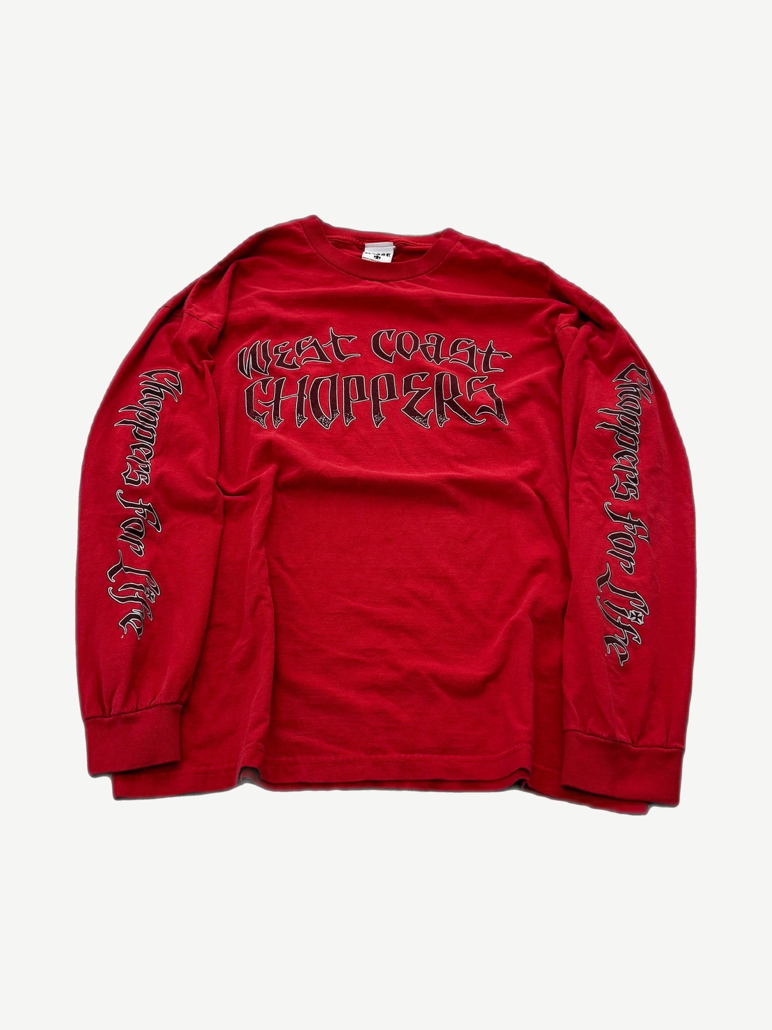 Vintage West Coast Choppers red Choppers For Life longsleeve with iron cross chest logo.