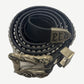 ERD black leather belt midsection with four-row silver stud panel and antique studded section close-up