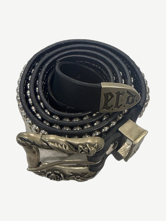 ERD black leather belt midsection with four-row silver stud panel and antique studded section close-up