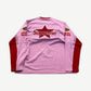 Supreme Vanson Leathers pink longsleeve back, large red Supreme star logo with red contrast sleeves