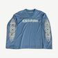 Chrome Hearts light blue mesh longsleeve jersey front with V-neck, Chrome gothic text and floral cross sleeve patches