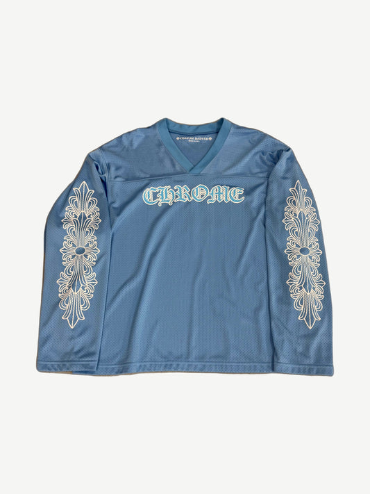 Chrome Hearts light blue mesh longsleeve jersey front with V-neck, Chrome gothic text and floral cross sleeve patches