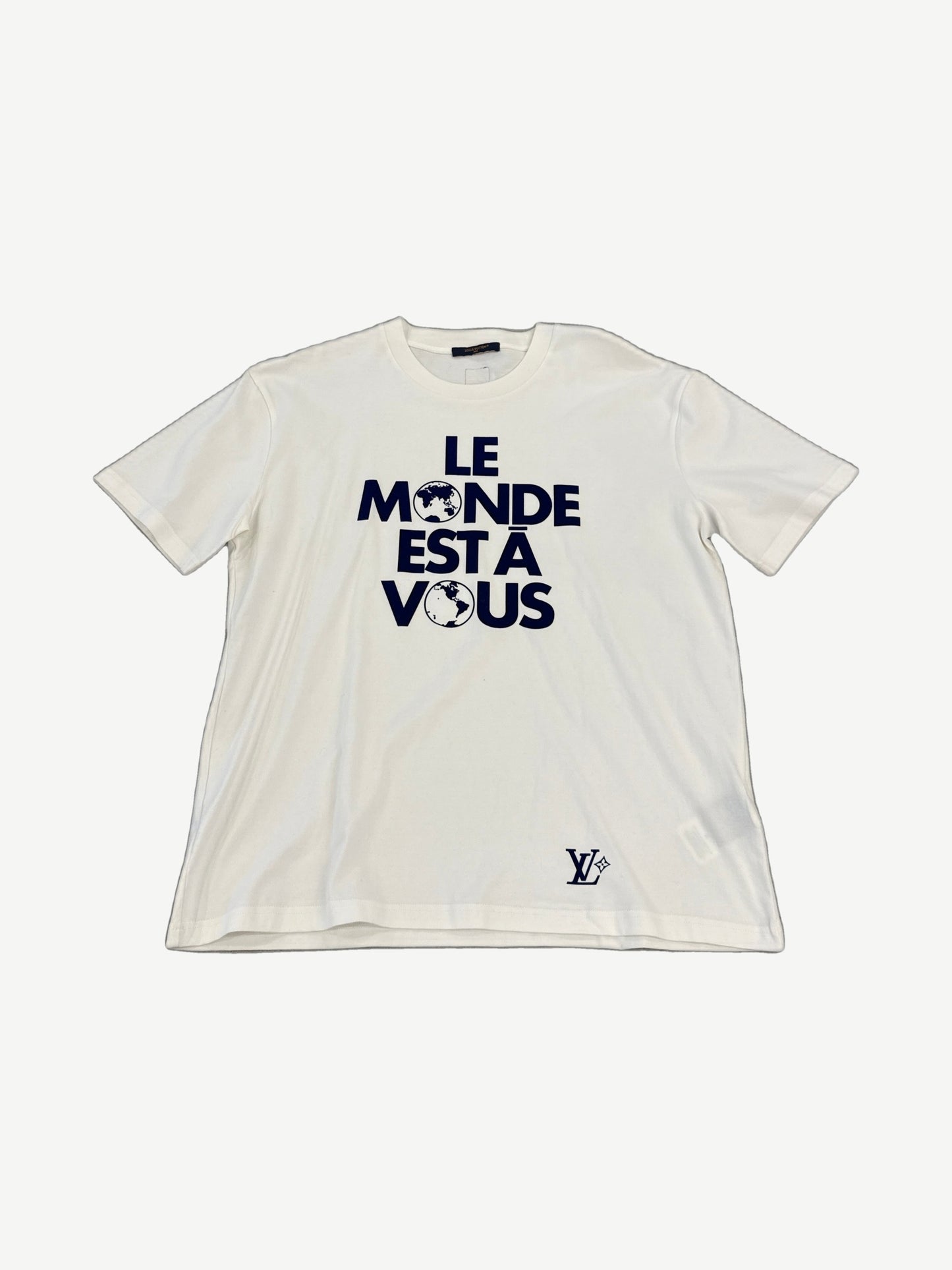 Louis Vuitton Le Monde Est A Vous white tee with small navy LV monogram chest print