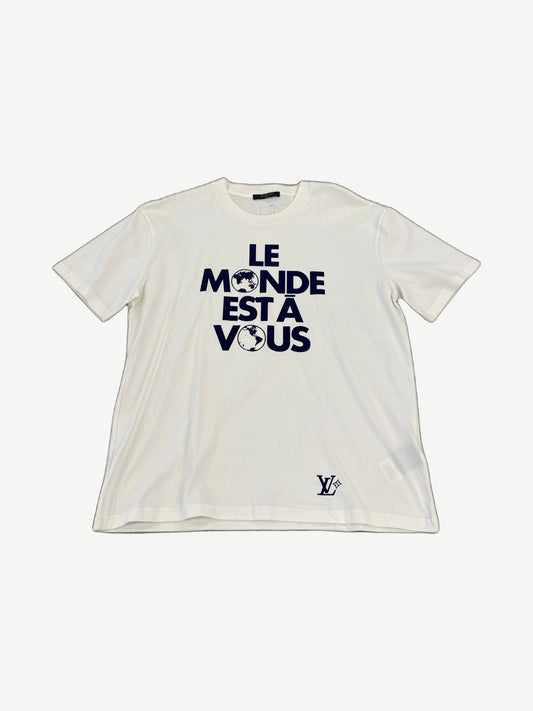 Louis Vuitton Le Monde Est A Vous white tee with small navy LV monogram chest print