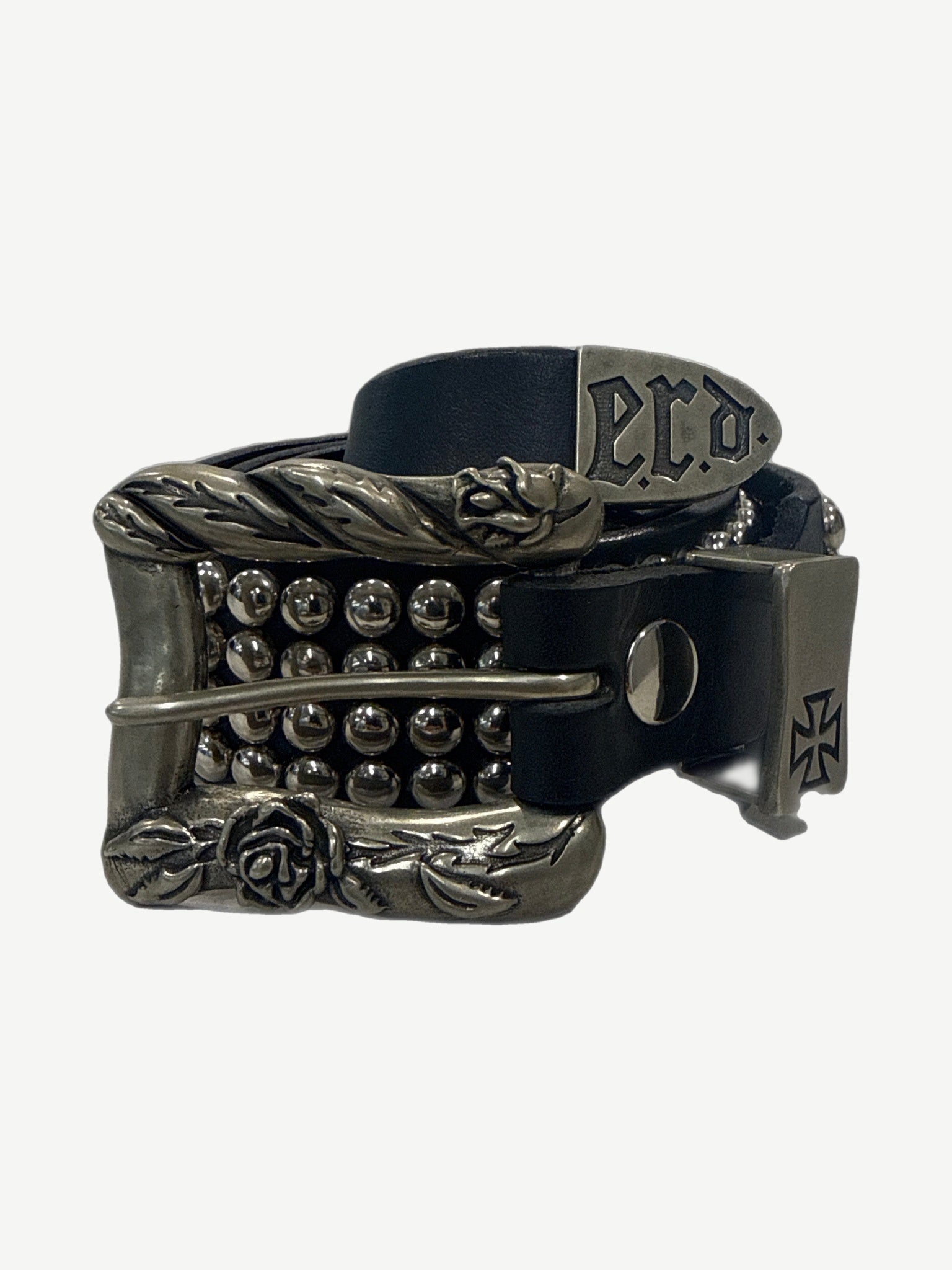 Enfants Riches Deprimes coin belt close-up of ornate antique silver rose and vine buckle hardware