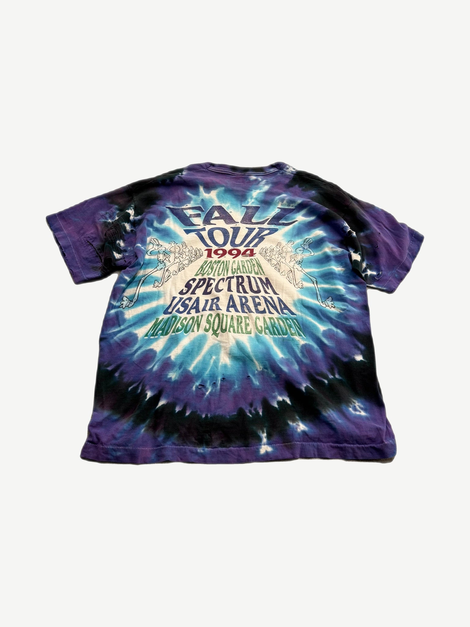 Grateful Dead Fall Tour tiedye tee, back view with tour dates list on rainbow spiral dyed cotton