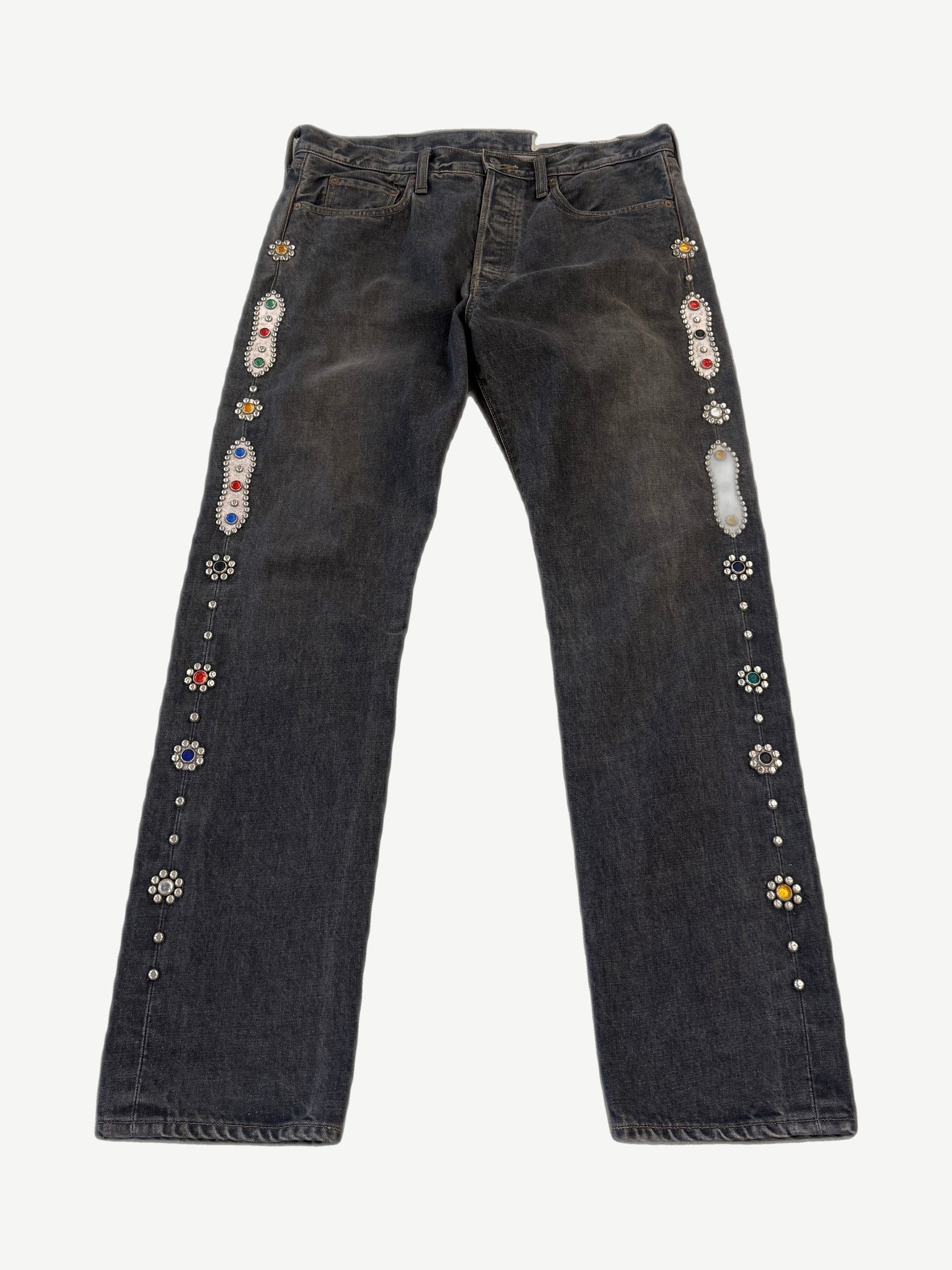 Kapital Monkey Cisco black denim jeans with allover rhinestone gemstone embellishment and faded wash.