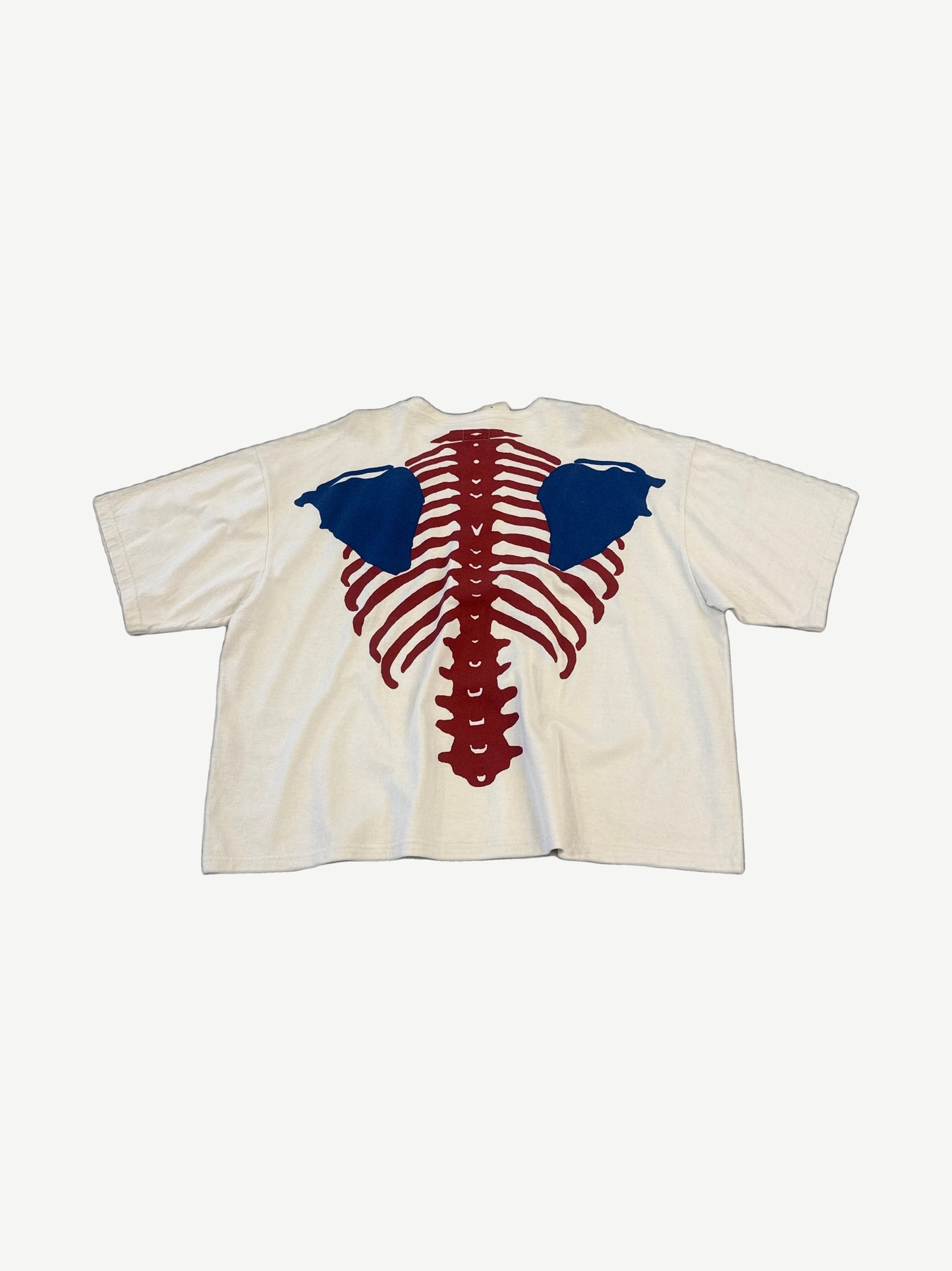 Kapital cream Bone 2 Tone tee back with red ribcage spine and blue scapula bone print graphic.