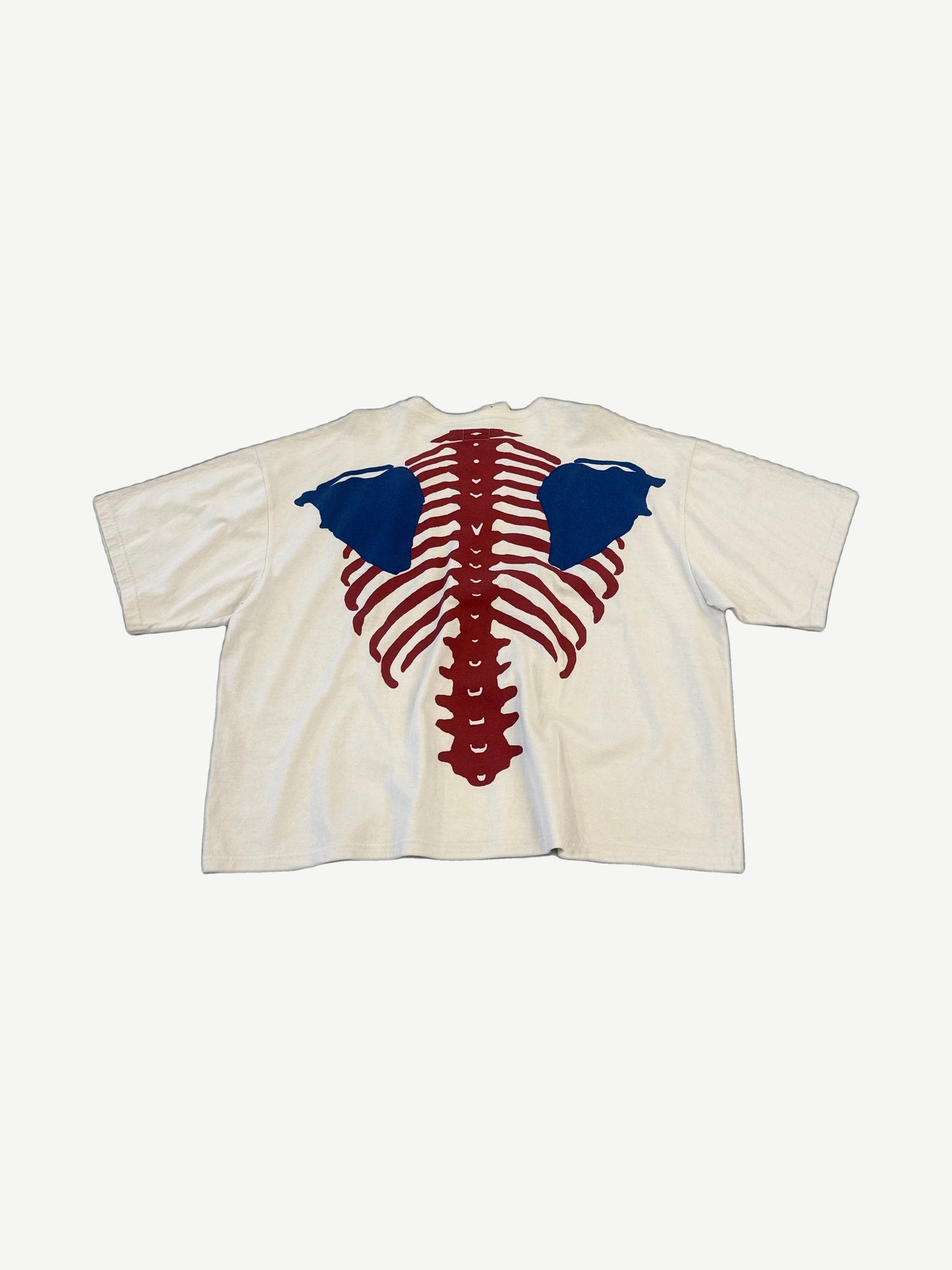 Kapital cream Bone 2 Tone tee back with red ribcage spine and blue scapula bone print graphic.